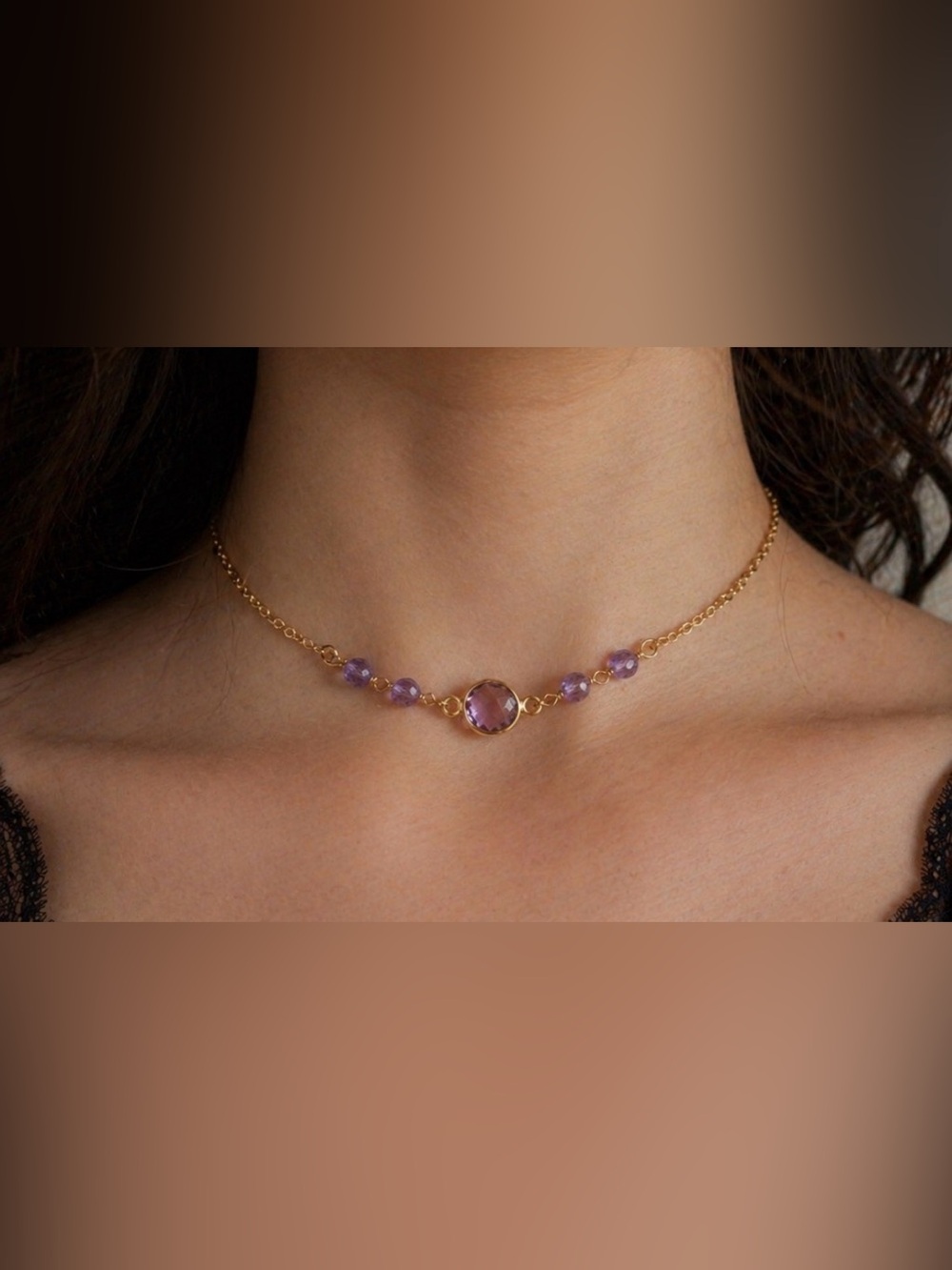 Gold filled choker Chain Necklace with amethyst Gemstones